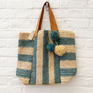 Mar Y Sol || Havana‎ Striped Pom Tote Teal Natural NWT
